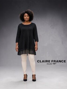 Claire France, 1X Plus Size, Black Sparkle Tunic Chiffon Hem, Elegant Top
